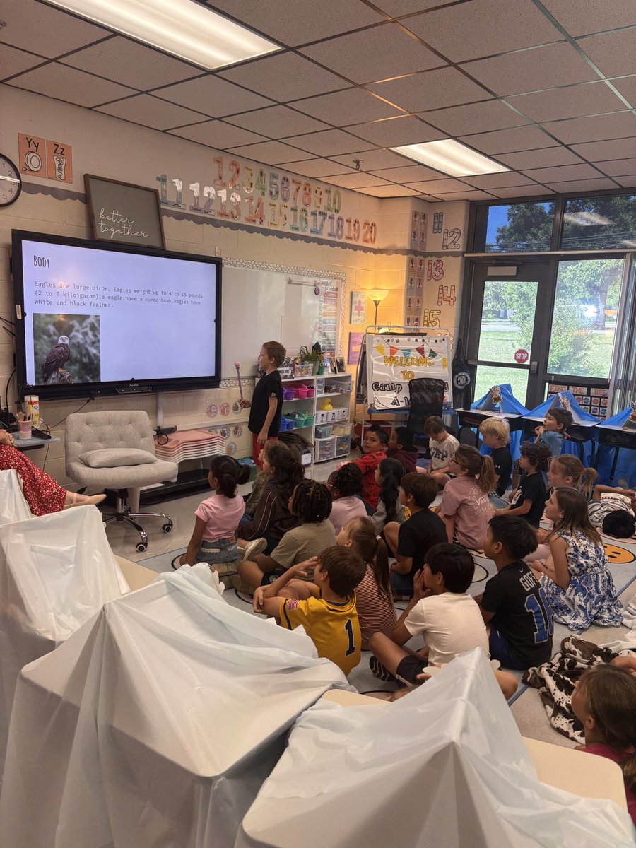 fssdMES's tweet photo. Mrs. Collier’s 2nd grade students enjoyed sharing their animal research presentations with Ms. Bischoff’s 1st grade class during their camp out! 🦊🐼🐨🐎🐸🐒🦅🐢🦒 https://t.co/QfatOQC1VC