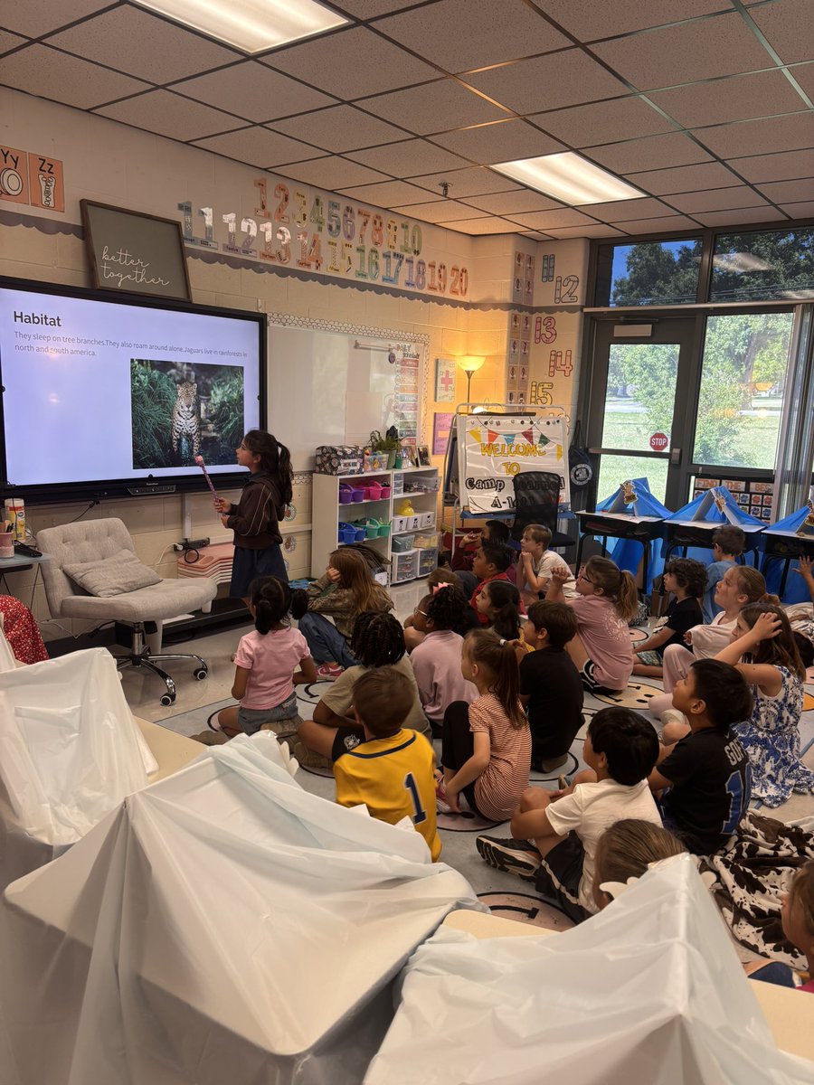 fssdMES's tweet photo. Mrs. Collier’s 2nd grade students enjoyed sharing their animal research presentations with Ms. Bischoff’s 1st grade class during their camp out! 🦊🐼🐨🐎🐸🐒🦅🐢🦒 https://t.co/QfatOQC1VC