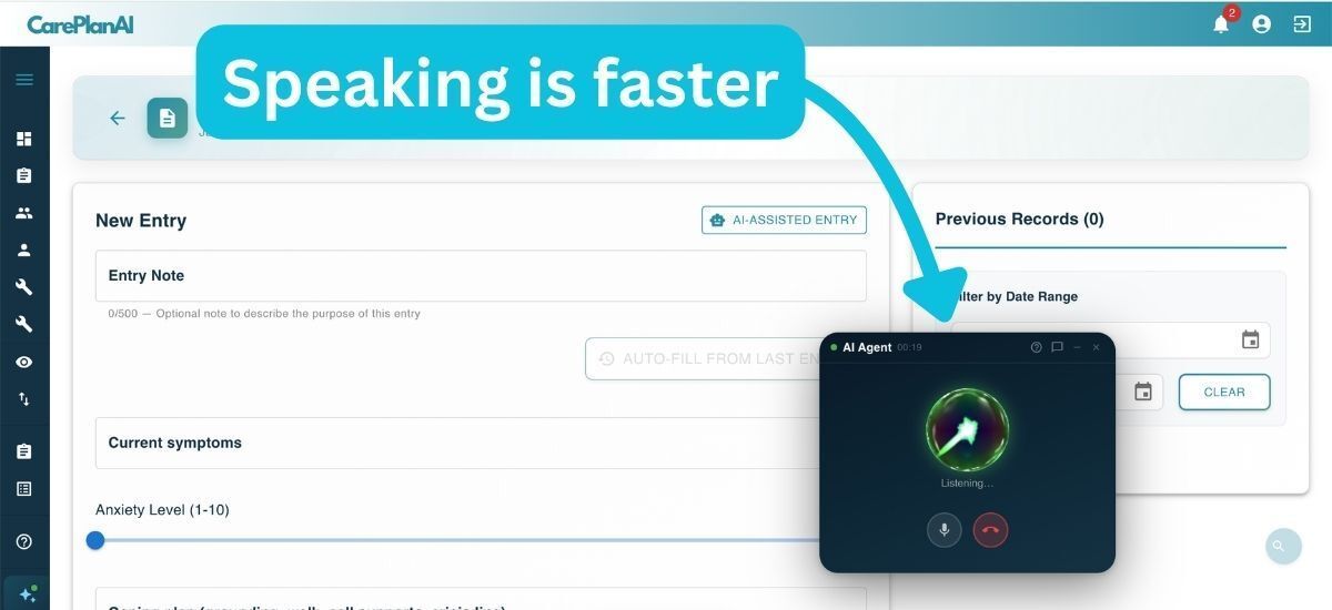 CarePlanAI's tweet photo. Voice entry isn't a gimmick, it's for specific moments.

A manager finishing a meeting with five minutes until the next one.

An intake worker who needs eye contact more than a keyboard.

Typing wasn't designed for those moments.

#CarePlanAI #DigitalHealth https://t.co/8MWKXaXiid