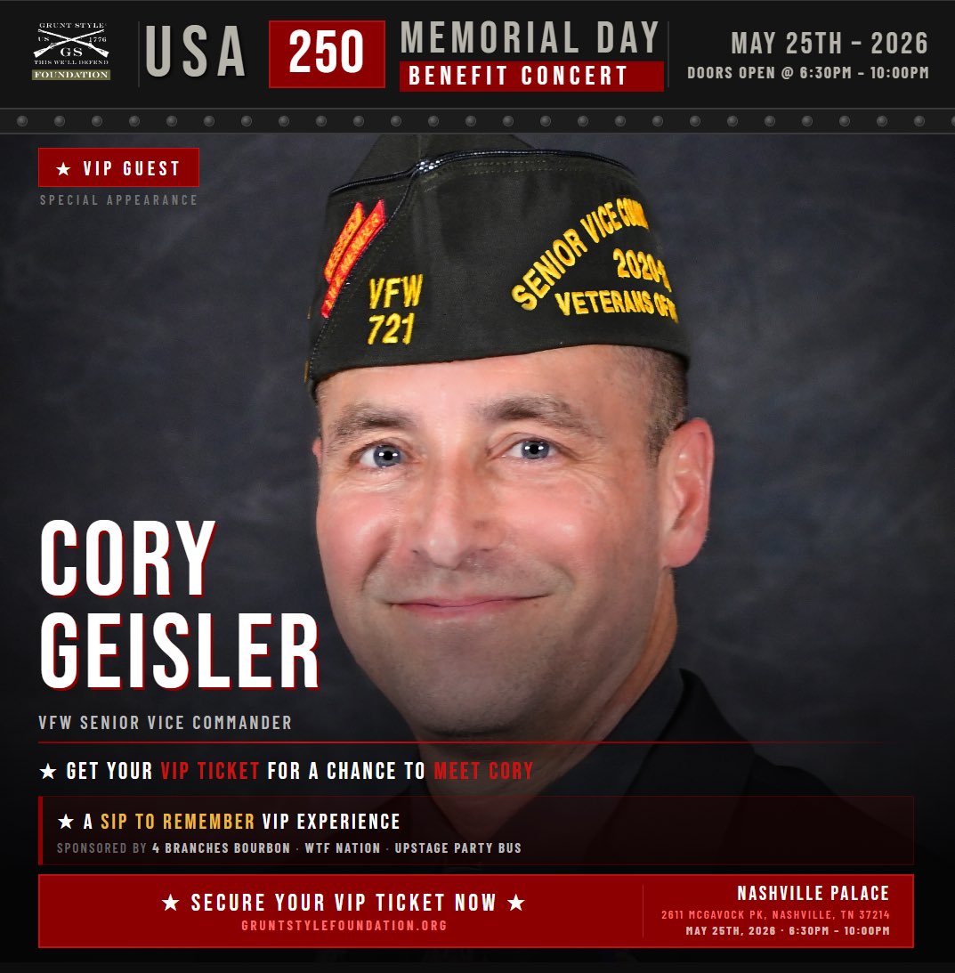 GruntStyleFdn's tweet photo. We’re honored to welcome VFW Senior Vice Commander Cory Geisler and VFW Assistant Adjutant General Brian Walker as Guests of Honor at the USA 250 Memorial Day Benefit Concert, featuring Velvet Rodeo and Savannah Rae, at Nashville Palace on May 25th. 

A huge thank you to the @VFWHQ for continuing to stand with us as a national sponsor of the Grunt Style Foundation’s mission to help end veteran suicide and connect veterans to real healing.

Come meet Cory and Brian one-on-one at the Sip to Remember VIP experience. 

Get your tickets today at https://t.co/6xVAcRdZKR
