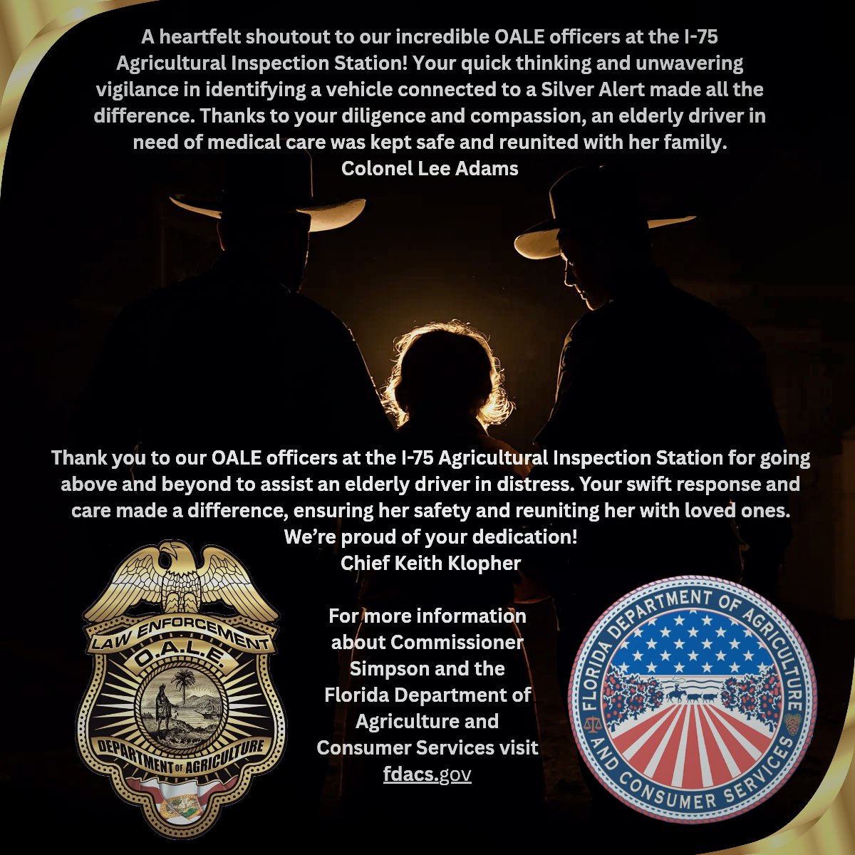 FL_Ag_Law's tweet photo. When an elderly, disoriented driver entered the inspection ramp, our OALE officers immediately recognized her from an active Silver Alert. They called EMS and contacted her family, who were relieved to know she was safe. https://t.co/xCDak13S0D