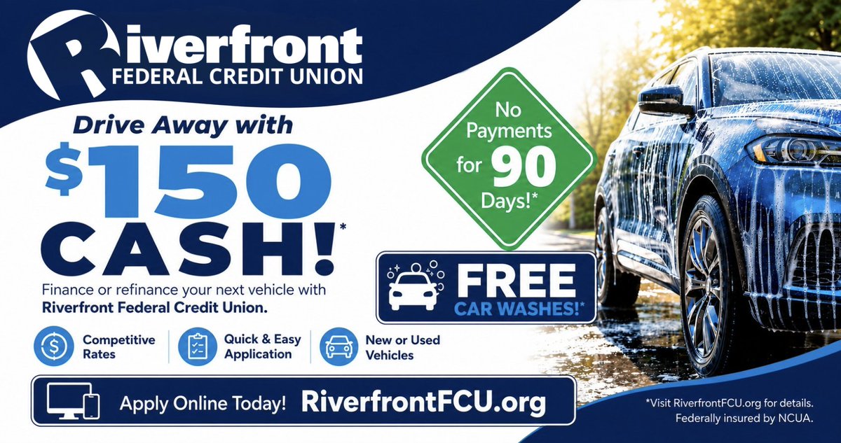 RiverfrontFCU's tweet photo. New car season = pollen season 🌼🚗

Finance or refinance your vehicle with Riverfront and get:
🫧 FREE car washes*
💵 Up to $150 cash*
⏸️ No payments for 90 days*

Keep the ride clean while you cruise. 😎
https://t.co/fSXhYarUOo https://t.co/RDT3pGe6Ls