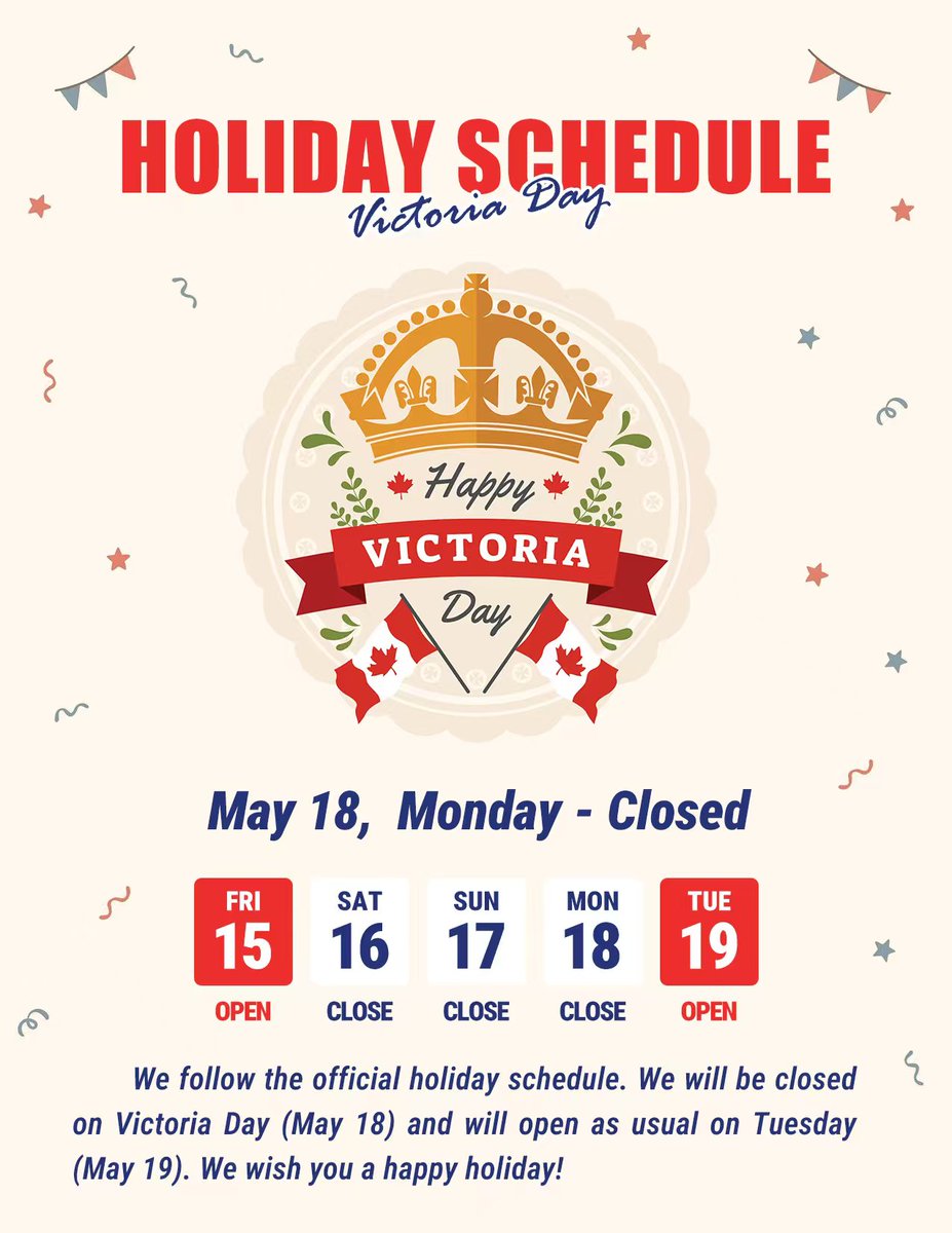 mppl_ca's tweet photo. 🇨🇦 Victoria Day Holiday Notice 🇨🇦

Moshe Paper &amp; Packaging Ltd. will be CLOSED on Monday, May 18 for Victoria Day and will resume normal business hours on Tuesday, May 19.

Have a happy long weekend! 🎉

#VictoriaDay #HolidayNotice #MPPL #Richmond https://t.co/rjbv1wIjs4
