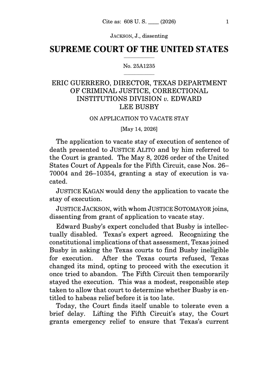 RDunhamDP's tweet photo. BREAKING: In a partisan 6-3 vote, the U.S. Supreme Court has granted the Texas Attorney General's application to vacate the stay of execution issued by the U.S. Court of Appeals for the Fifth Circuit in Edward Busby's case.  https://t.co/WigDPVW3nf @TexDefender @TCADPdotORG https://t.co/8dRyssQGaF