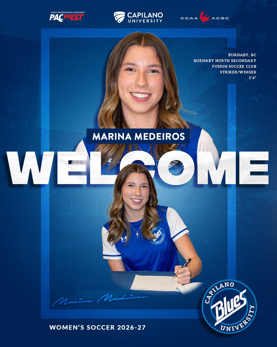 CapilanoBlues's tweet photo. The @CapilanoU Blues are happy to announce the signing of Marina Medeiros to the women's soccer team!

She is a 5'4" striker/winger from Burnaby, BC, Burnaby North Secondary, and Fusion Soccer Club.

Congratulations, Marina!

#GoBlues #BleedBlue #CapU https://t.co/aruPnWDNvf