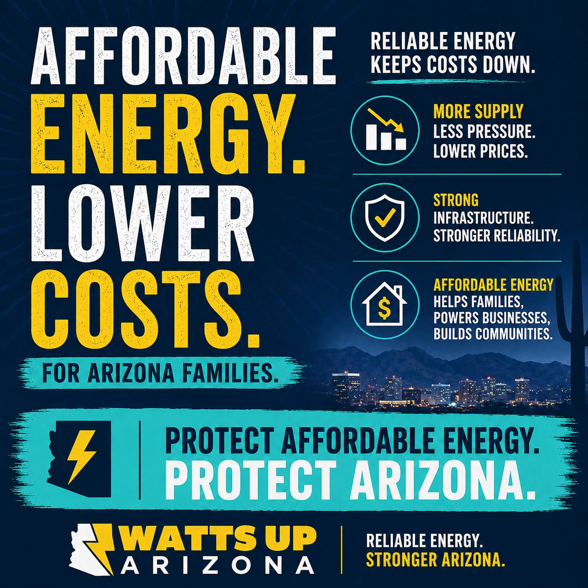 AZChamber's tweet photo. When energy is reliable and available, costs stay lower.

Arizona’s approach helps strengthen the grid, support infrastructure, and keep electricity affordable for families and businesses.

Lower costs. A stronger economy. Reliable power when we need it most. https://t.co/rSjLiL8wDJ