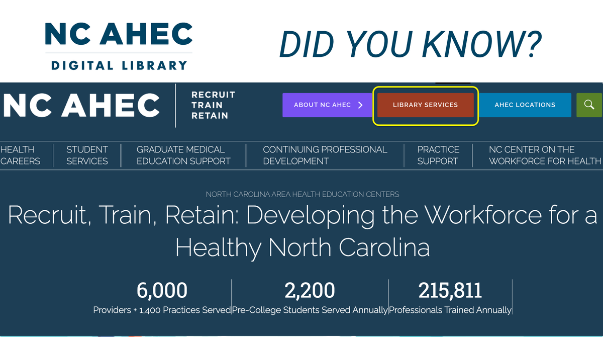 ncahec's tweet photo. 📢 Did you know there are several ways to navigate the #AHECDigitalLibrary (ADL)?  You can:
✅ Use the search field on the ADL home page: https://t.co/2S5cx8B32q
✅ Click the Need Assistance tab for research support.
✅ Click the Home tab, scroll down to Regional Libraries, and select your region to contact your local AHEC Library Services.
✅ Find the Library Services tab right on @ncahec home page (https://t.co/wEKjfz1rHl) and go straight to the ADL.
It’s that easy! https://t.co/2S5cx8B32q
#ADL