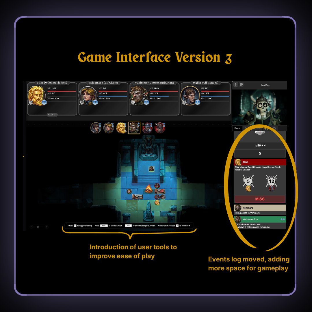 DungeonsDeepAI's tweet photo. We’re iterating fast on Dungeons Deep, working to make the player experience better at each step. We’ve refined the interface, expanded player tools, and keep introducing more elements that bring the table to life. This was version 3🎲 #ttrpg #rpg #vtt #tabletopgames #indiegames https://t.co/rY0wGEG7Ro