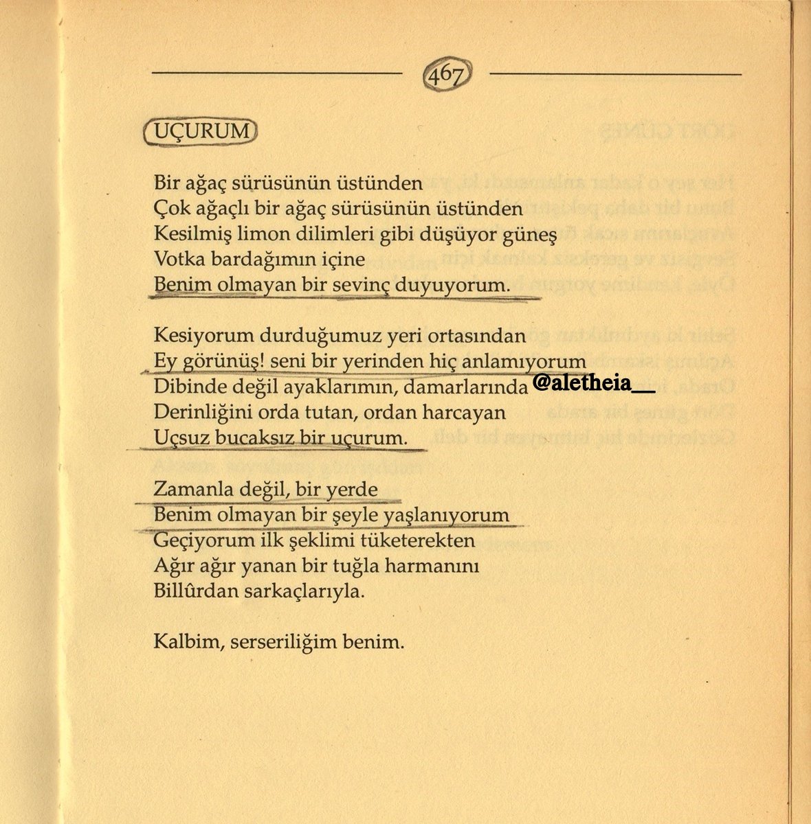 aletheia__'s tweet photo. Uçsuz bucaksız bir uçurum. 

Zamanla değil, bir yerde 
Benim olmayan bir şeyle yaşlanıyorum 

edip cansever https://t.co/1tWIDBROXi