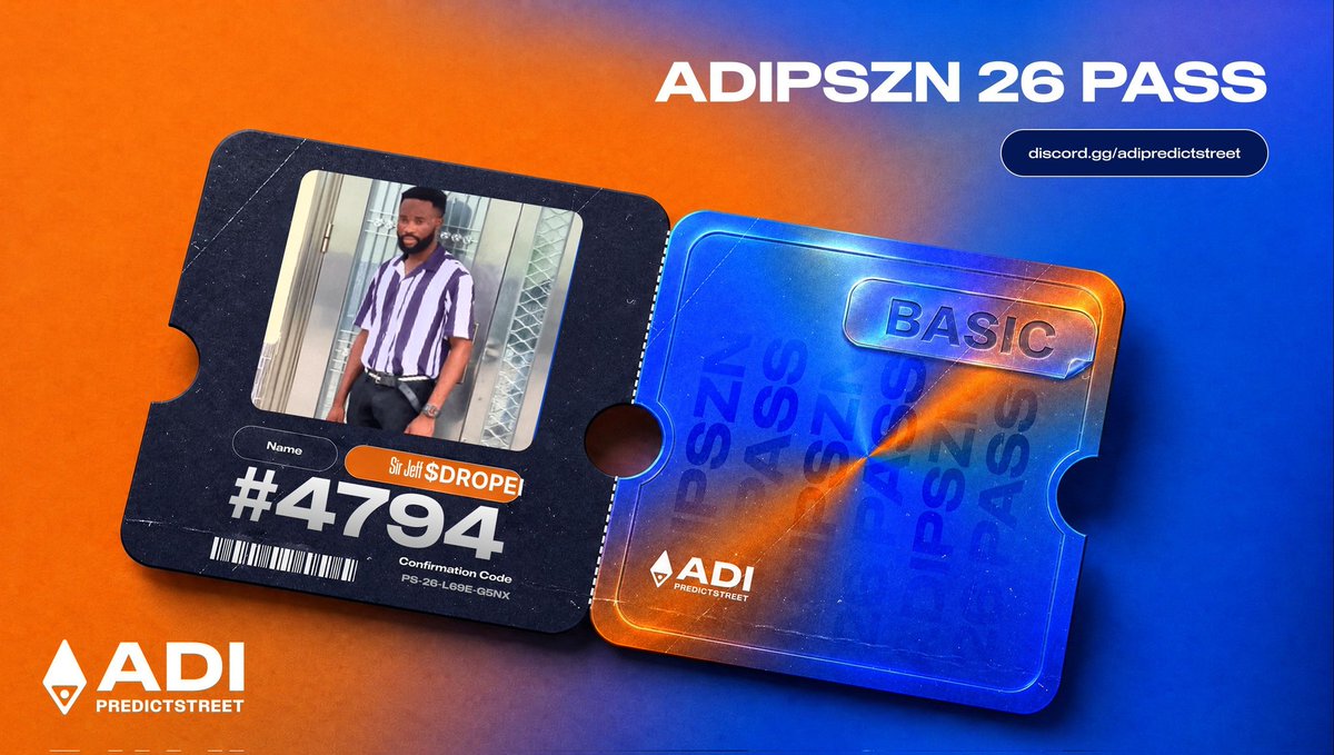 uzomajephthah7's tweet photo. Locked in my ADIPSZN 26 Pass from @Predictstreet ⚡

The first and official prediction market partner of the FIFA World Cup 26™

Predict at the speed of play → https://t.co/sYqHLDxZUl https://t.co/k1ihDZMcLh