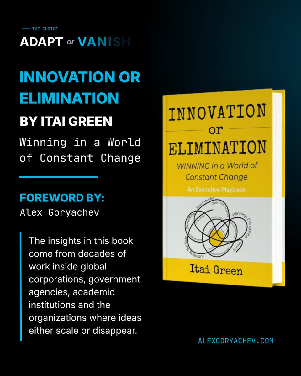 AgoryachAlex's tweet photo. Proud to have written the foreword for Itai Green's Innovation or Elimination.

This book is for anyone building something that is meant to last.

Congratulations, Itai. Get your copy: 
https://t.co/vOiSzrA7gz

#Innovation #Leadership #AdaptOrVanish https://t.co/dQ4HJtiVEt