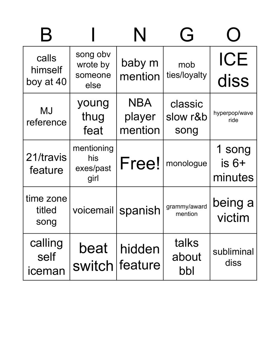 Drift_Slid's tweet photo. made a bingo card for the album tonight. feel free to use it https://t.co/Q28XRWNBbc