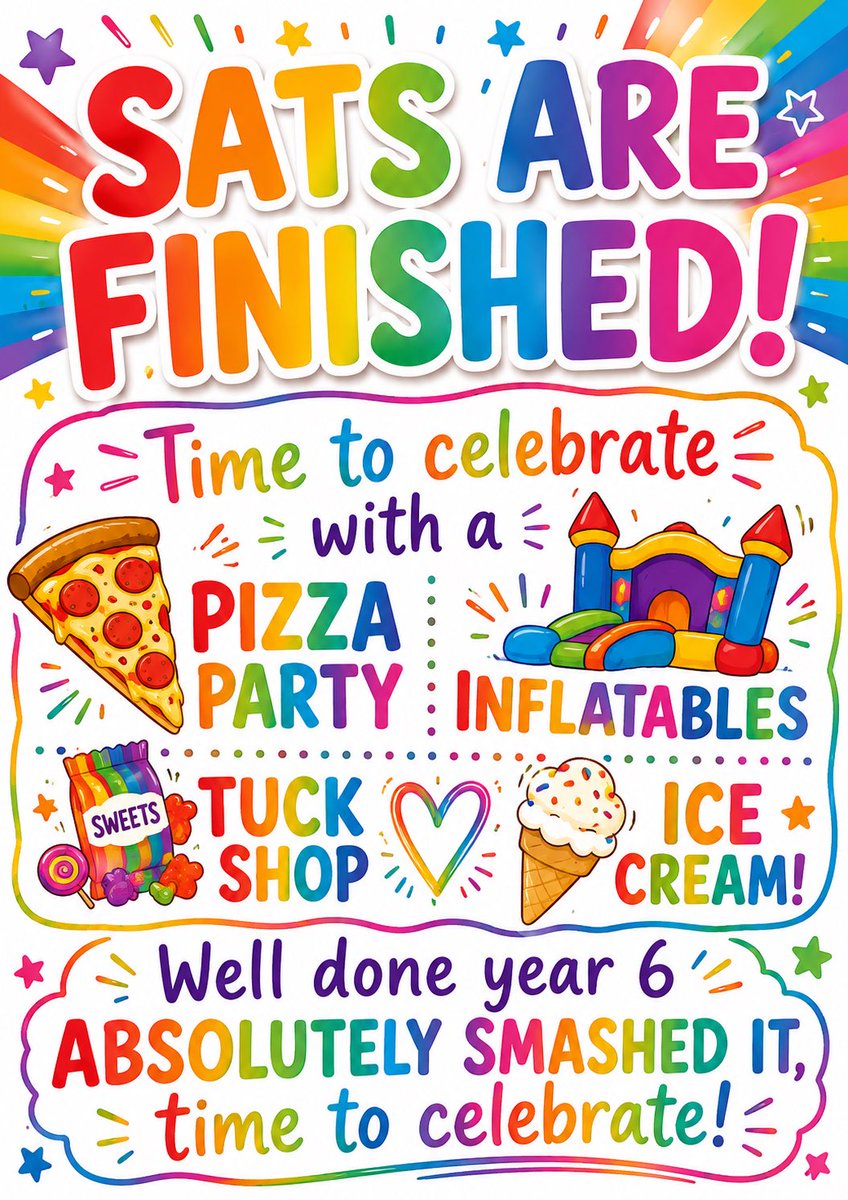 PoppyfieldPFA's tweet photo. SATS = DONE ✅🌈🍕🍦

Year 6 absolutely smashed it!
Now it’s time to celebrate with pizza, inflatables, tuck shop treats and ice cream tomorrow afternoon 🎉🙌

#SATsFinished #Year6 #Celebrate #PrimarySchool #WellDoneYear6 https://t.co/W26shI0DMO