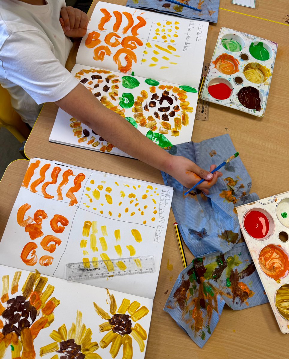 dixons_mb's tweet photo. Using lots of bold dashes and dots, year 1 have experimented with painting sunflowers in the expressive style of Vincent van Gogh #vangogh #painting #year1art #expression #markmaking #texture #shape #commitment https://t.co/3ZXbb0E2FQ