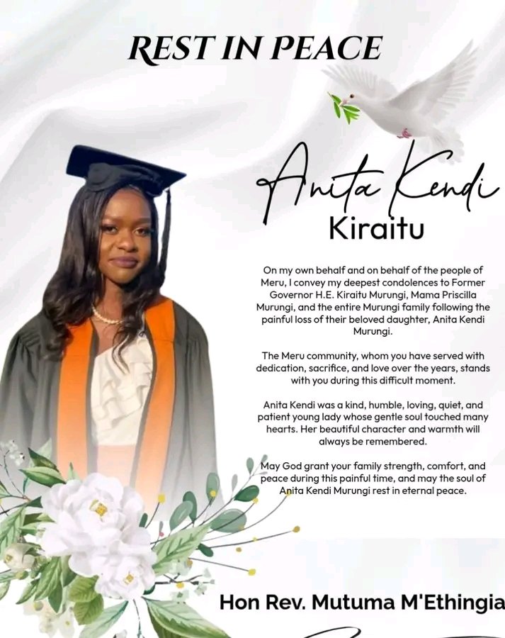 RevIsaacMutuma's tweet photo. I am deeply saddened by the passing of Anita Kendi Kiraitu, daughter of former Governor Kiraitu Murungi.
My heart goes out to the family during this incredibly difficult time. Wishing them strength and peace as they grieve.
Rest in eternal peace, Anita. https://t.co/ByQX8PExCL