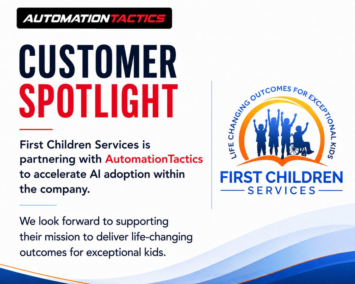 mattmonihan's tweet photo. We’re excited to welcome First Children Services as a new AutomationTactics customer.

First Children Services has been delivering specialized education and therapeutic services since 2009, supporting children and families through an integrated continuum of care across autism services, behavioral health, school based programs, counseling, ABA therapy, parent training, and related supports.

Their mission is clear: deliver life changing outcomes for exceptional kids.

AutomationTactics is proud to support that mission by helping First Children Services accelerate AI adoption across the company through our AI Help Desk and personalized coaching. Their team will have a practical place to bring workflow questions, stuck processes, reporting friction, automation ideas, and AI use cases in plain English, with support tailored to how their organization actually works.

This is the kind of AI enablement we believe in: not abstract strategy, not tool chasing, but hands on support that helps teams build confidence, find leverage, and improve the way work gets done.

Special thanks to Matt Hess for trusting us with this partnership. We’re looking forward to supporting the First Children Services team as they continue creating meaningful outcomes for children and families.