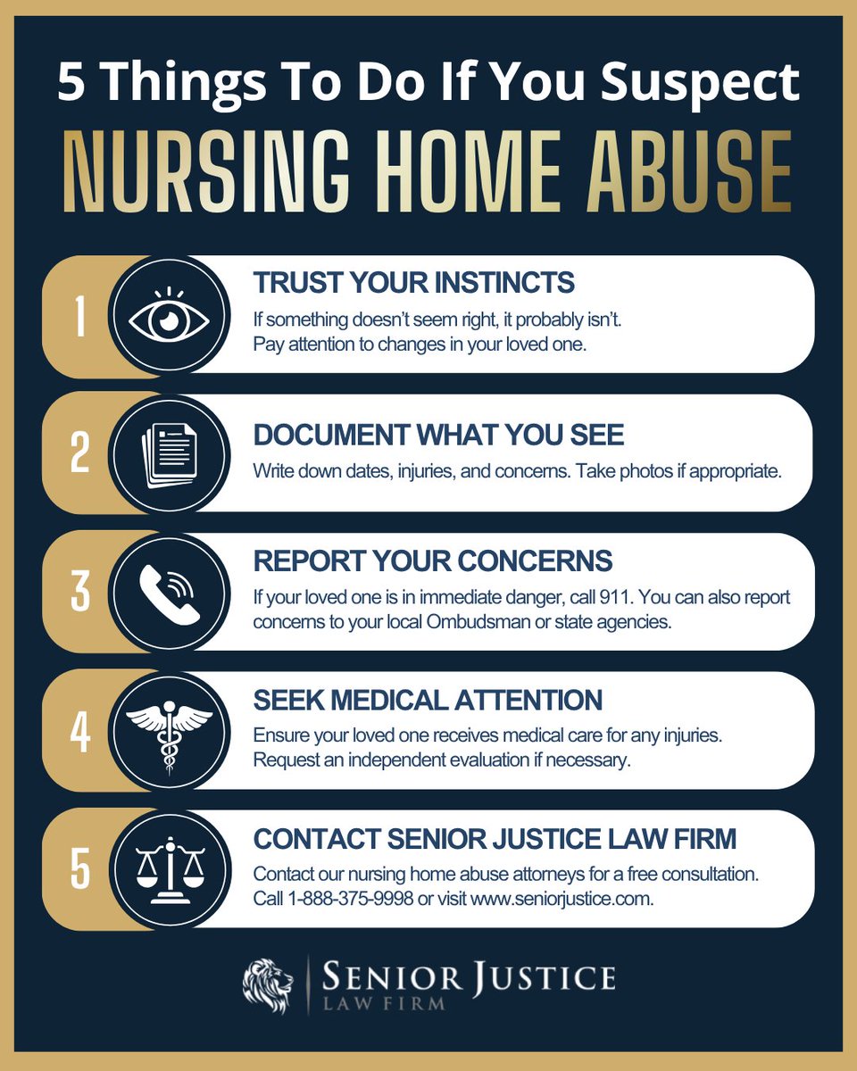 Senior__Justice's tweet photo. Suspect nursing home abuse or neglect?

✔️ Trust your instincts
✔️ Document concerns
✔️ Report issues
✔️ Seek medical care
✔️ Learn your legal options

Protecting seniors starts with awareness.

https://t.co/oWJghlPobU

#NursingHomeAbuse #ElderCare #SeniorSafety #OlderAmericansMonth #ChampionYourHealth