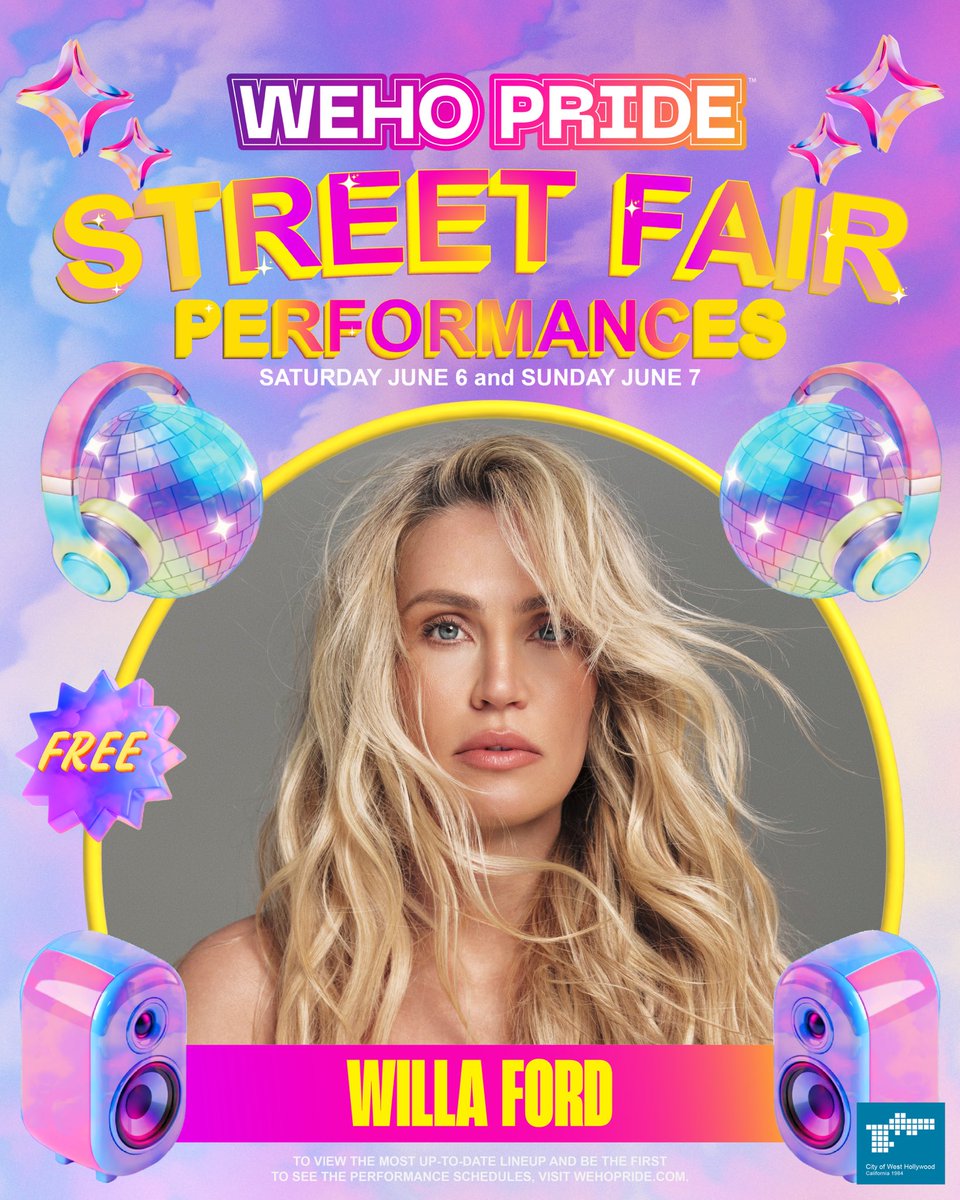 WillaFord's tweet photo. WeHo, I’m coming for you! I’m so excited to announce I’ll be performing at #WeHoPride! 🌈✨🪩 I can’t wait to celebrate with you 🩷 https://t.co/qCkkzouRi8 https://t.co/bn10Yt2oNF