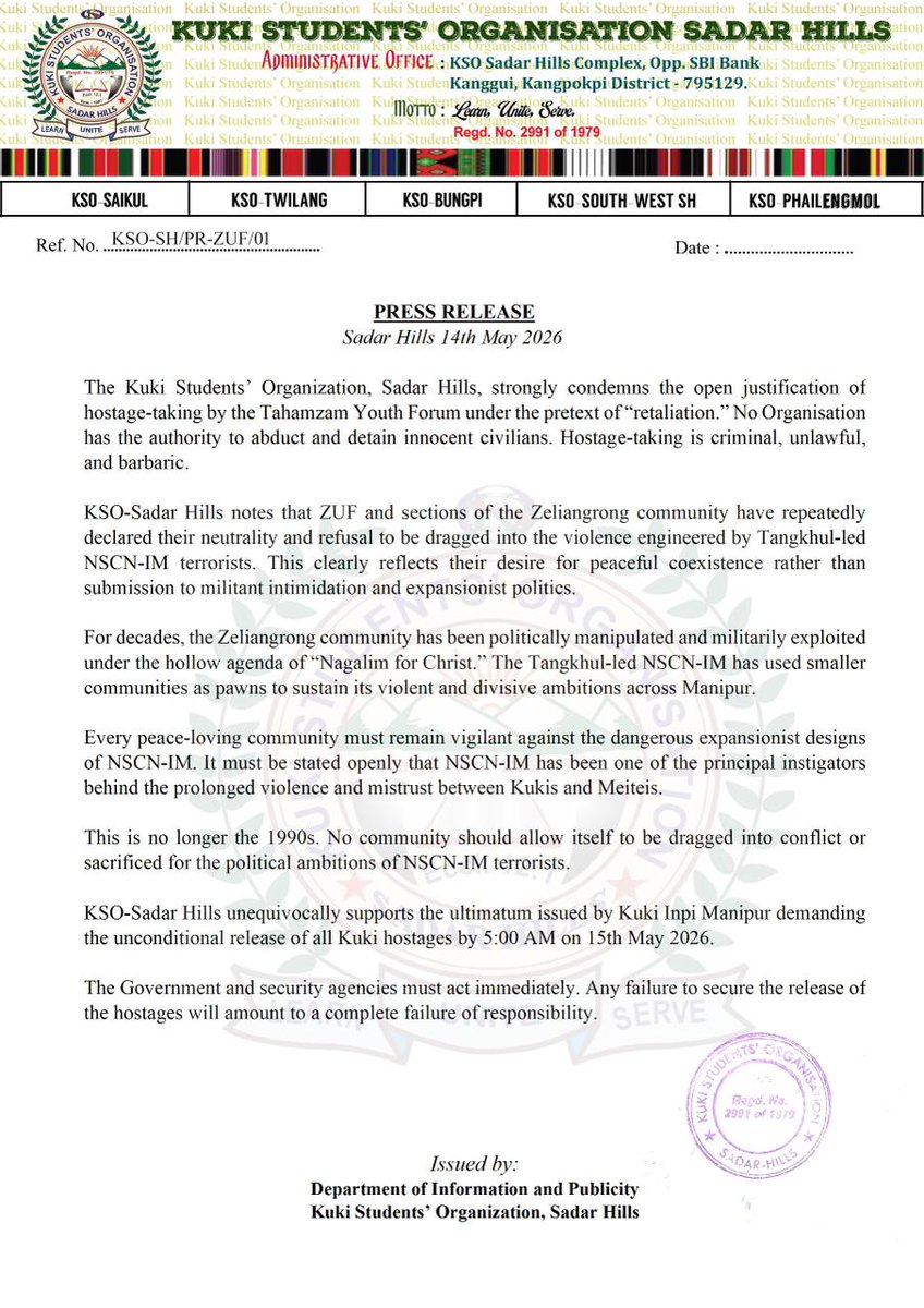 Sumkawn's tweet photo. KSO-SH support KIM's ultimatum to release Kuki hostages before 5am on May 15 and condemns Tahamzan Youth Forum's justification of hostage-taking, which is a crime and unlawful.
@LokBhavManipur @manipur_police @HMOIndia @MIB_India @PMOIndia @ANI @PTI_News @the_hindu @thewire_in https://t.co/1ccOlsPLjx