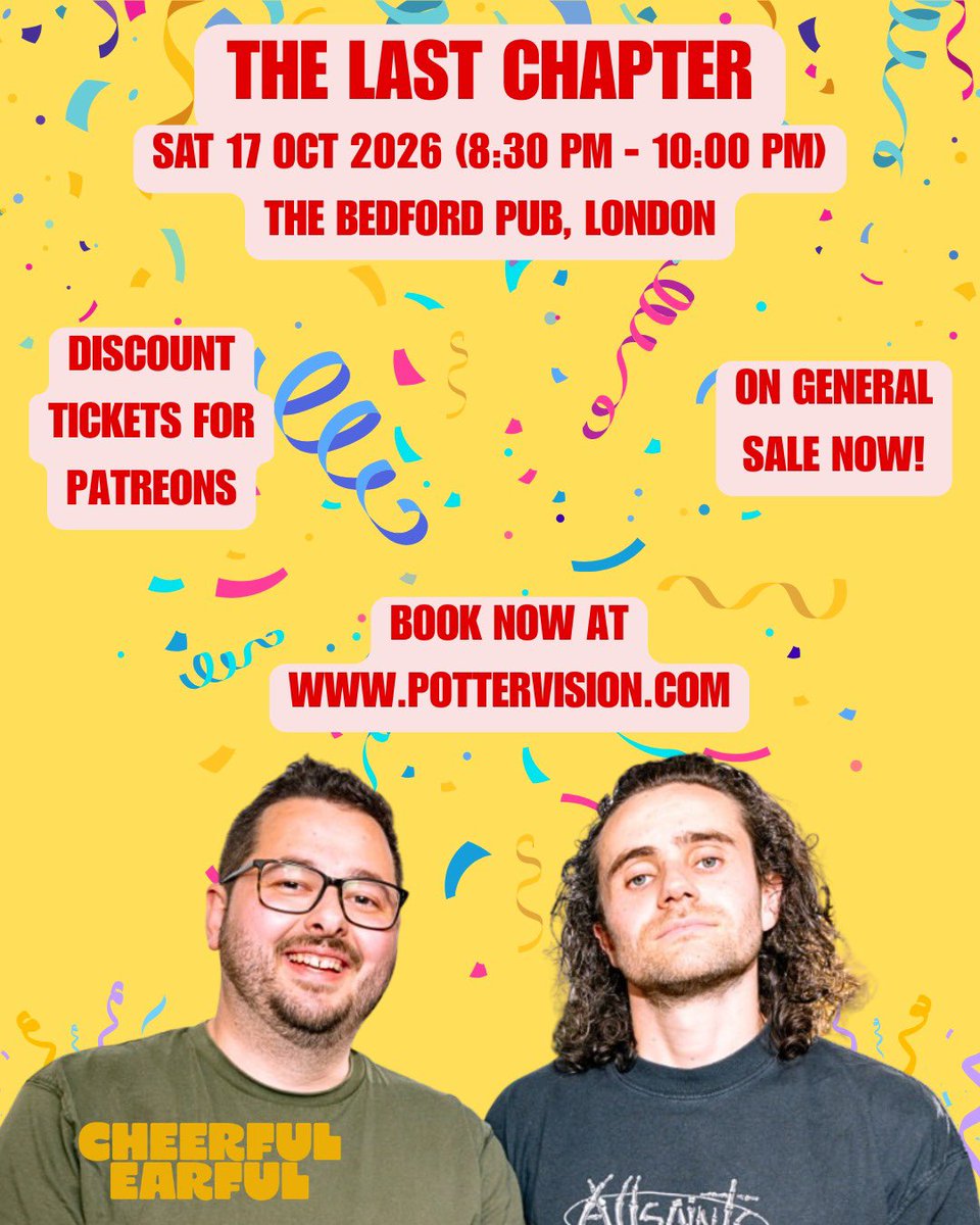 ThePotterVision's tweet photo. Tickets are now on general sale for our live podcast in London on the 17th of October (patrons still get a discount), and tickets are selling fast for our Manchester show on the 18th of October.

Book now via https://t.co/jrA1GRZfoM https://t.co/Ymk9FnRbpP