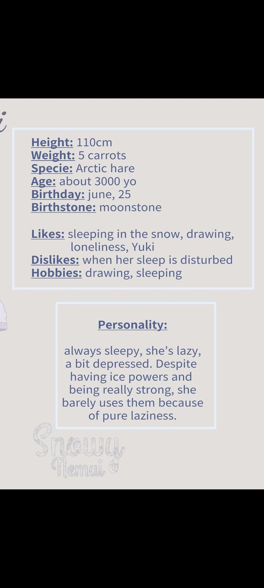 Snowy_Nemui's tweet photo. Official Snowy ref sheet!
I am an Otaku bunny girl who lives in another galaxy. I love to sleep, especially on snow, it's so soft and comfy 😴
Full time artist 🎨
Oshi mark/oc emoji combo: ❄️🌙🥕
Art tag: #snoweepyart
Nsfw art tag: #snowylewdyart https://t.co/QfDWOmHv54