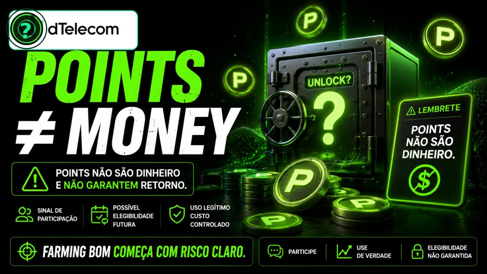 PreyCripto's tweet photo. Reminder: points are not money and do not guarantee returns. In @dtelecom , they signal participation and possible future eligibility. The right game is controlled cost + legitimate usage. https://t.co/uwugDt1a9g