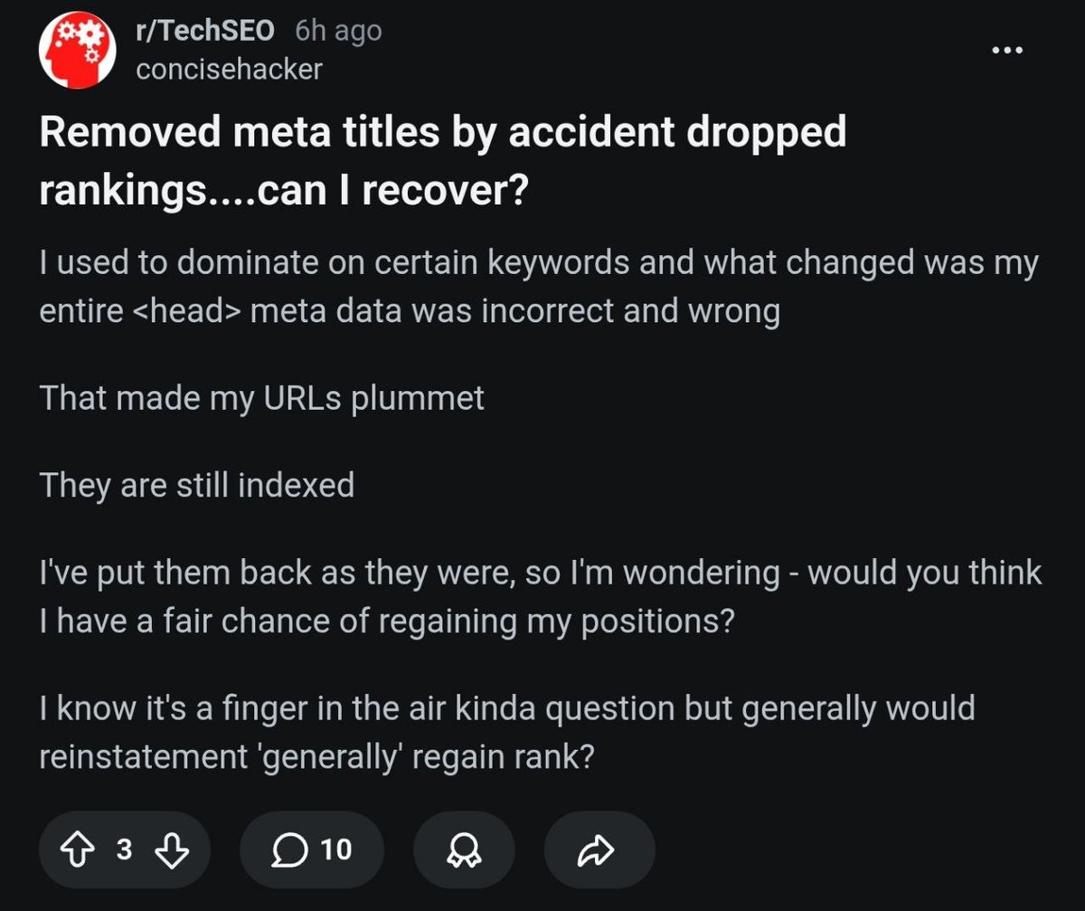 anashchenkov's tweet photo. 1) While everyone is obsessed with RAG and complex AI optimization, don’t underestimate the basics.

One low-effort ‘trick’ easily boosts both AI visibility AND brings more relevant, motivated visitors to your website: your page’s <title> and <meta name="description" content="...">

Before you call it outdated, look at this reddit post I encountered just a few days ago👇