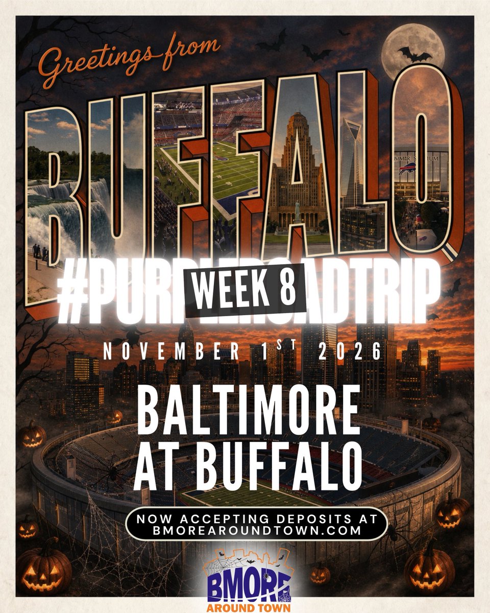 BMOREAroundTown's tweet photo. Baltimore!! Our #PurpleRoadTrip is taking over Buffalo Halloween weekend! From the all-inclusive #PurpleTailgate and Halloween-themed Purple Pep Rally to taking in the beauty of Niagara Falls. Lock in your spot and place your deposit at https://t.co/m3gykkcd46 😈👻🎃 https://t.co/ZGmslCa5Zs
