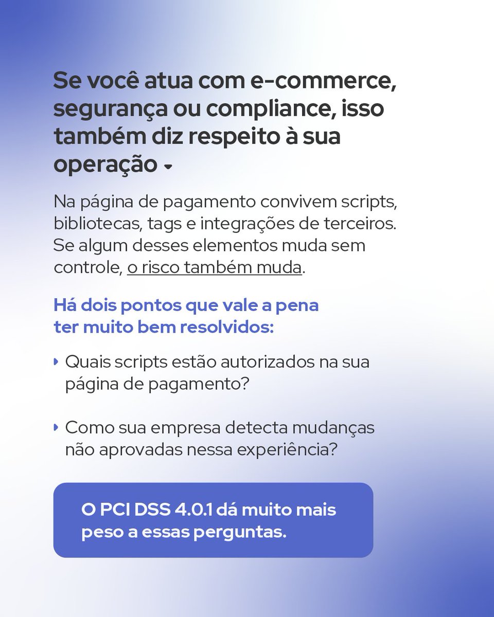 gmsectec_bra's tweet photo. Scripts, bibliotecas, tags e integrações de terceiros fazem parte de uma camada viva do checkout que, em muitos casos, ainda recebe menos atenção do que deveria, mesmo em ambientes que aparentam estar bem controlados. 😉💳

#GMsectec #PCIDSS #SegurançaDePagamentos https://t.co/sglvttKvFW