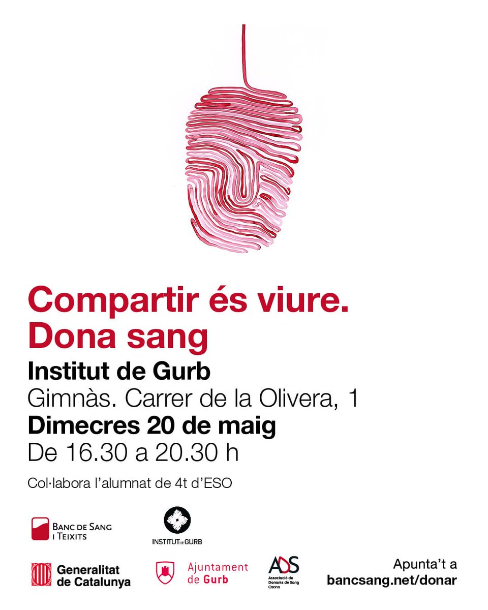 Institutdegurb's tweet photo. Ep! Com ja és tradició any rere any, des del centre col.laborem amb el Banc de sang i teixits per aconseguir el màxim de donacions de sang. Ho podràs fer dimecres que ve! Et veurem a l'institut, oi? Si copies aquest enllaç t'hi podràs apuntar!  https://t.co/LV7J0EpI51 https://t.co/GN7392IMiT