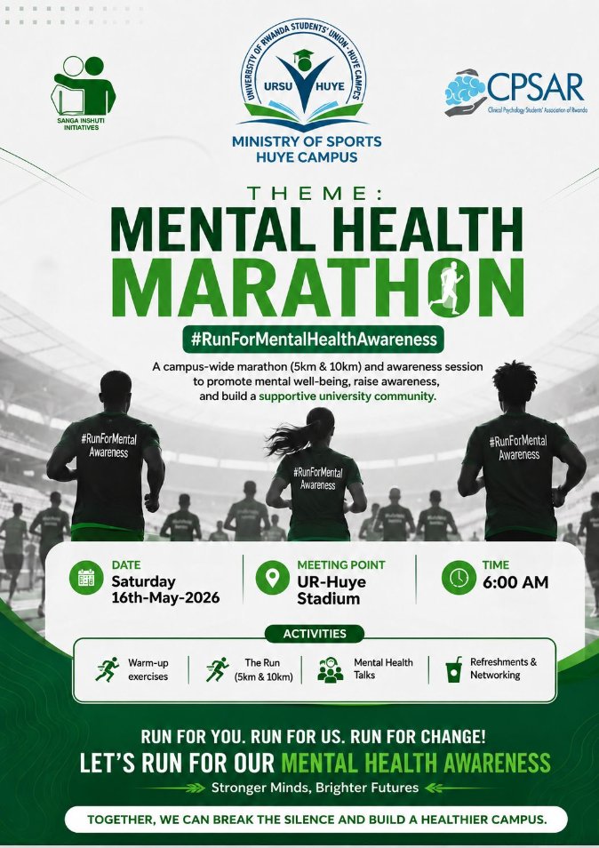 cpsarwanda's tweet photo. 📢CPSAR together with Sanga Inshuti are delighted to invite everyone in Mental Health Marathon, taking place on this Saturday, 16th May 2026.
"Some of us run for fitness, others run for peace of mind, we run not just with our legs, but with purpose."💚🏃‍♂️
Join us😊 #mentalhealth https://t.co/QaYWaszpng