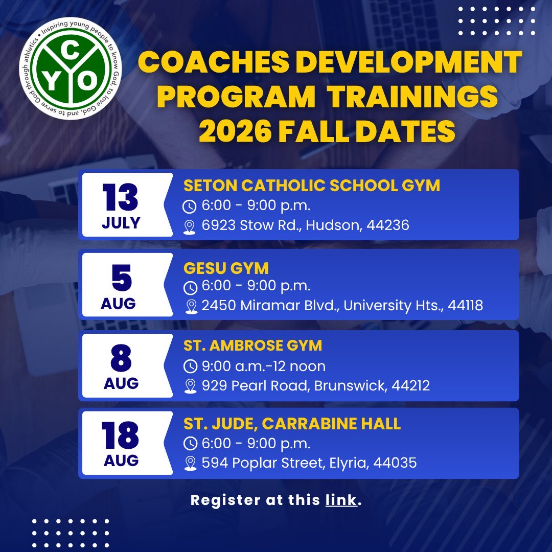 CYOSportsDOC's tweet photo. New coaches be sure to complete one of these fall training’s to get certified to coach CYO sports! Register here: https://t.co/pgu7QkFeVo. https://t.co/lRpdL2ldPw