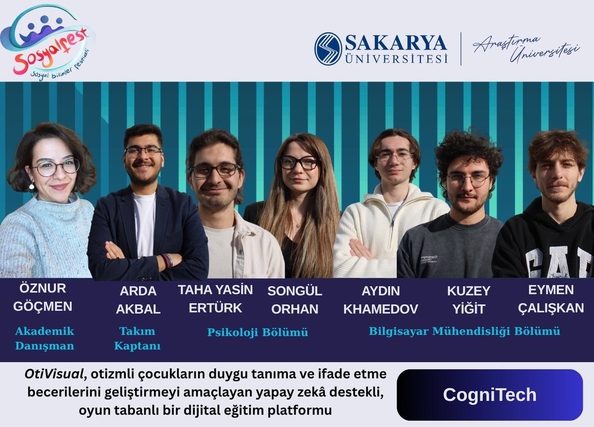 sauitbf's tweet photo. SOSYALFEST 2026
Fakültemiz @PsikolojiSau lisans öğrencileri ile @SAUCSR lisans öğrencilerinden oluşan #CogniTech takımı, Dr. Öğr. Üyesi Öznur Göçmen’in danışmanlığında #OtiVisual projesiyle #SOSYALFEST 2026’da birincilik ödülüne layık görülmüştür. https://t.co/STI2zM2ZdN