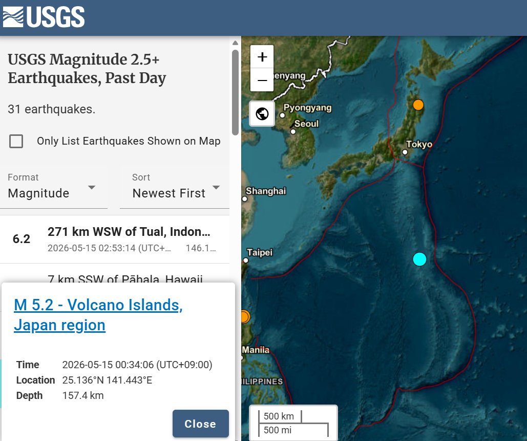 Occurred at 00:34, Fri. May 15, 2026(JST) #硫黄島近海 の深さ10