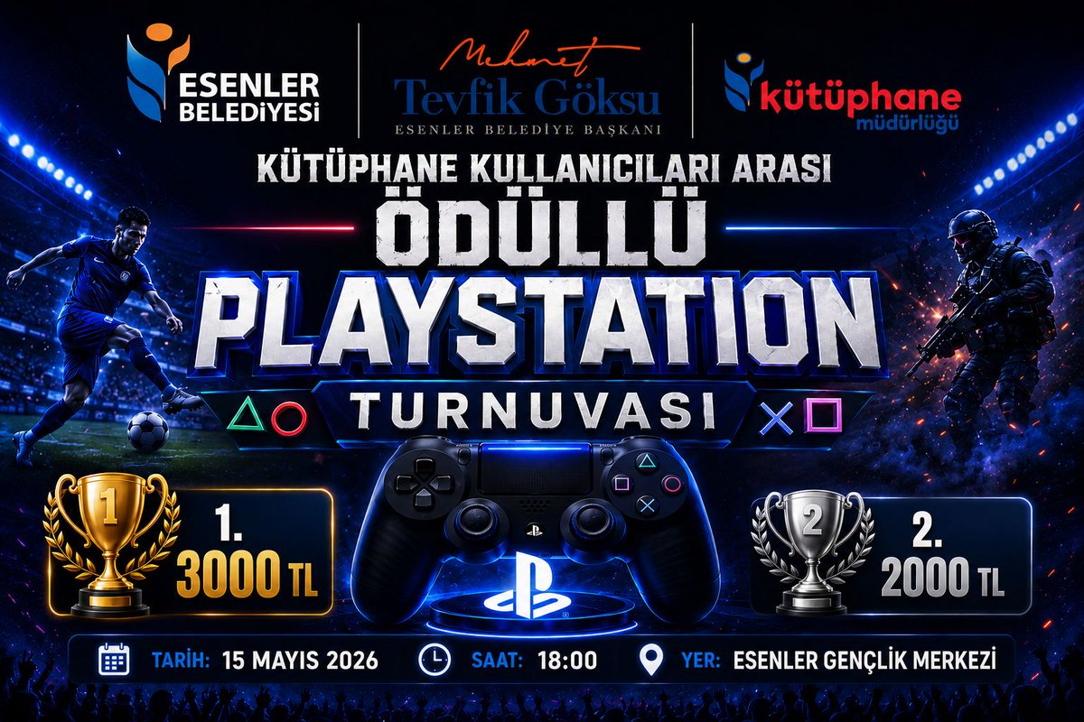 Ebkutuphane's tweet photo. Kütüphane kullanıcıları arasında büyük mücadele başlıyor! 

Esenler Gençlik Merkezi’nde düzenlenecek ödüllü PlayStation Turnuvası’nda rekabet, heyecan ve eğlence için biraraya geliyoruz! 

🏆 1.’ye 3000 TL
🥈 2.’ye 2000 TL

📅 15 Mayıs 2026
🕕 Saat: 18.00
📍 Gençlik Merkezi https://t.co/dP07mn6Rza