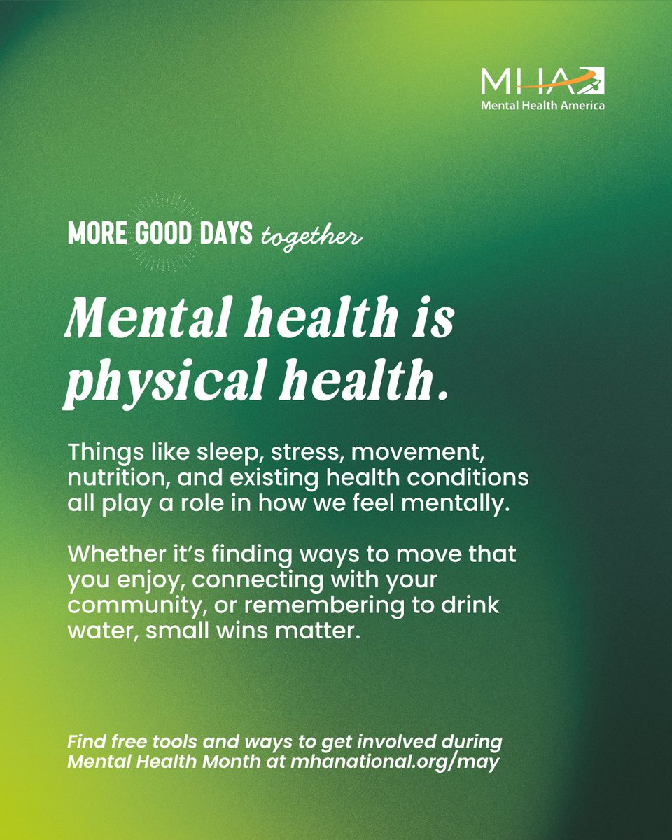 MissouriPIP's tweet photo. 💚 Mental health is physical health. Whether it’s finding ways to be active, connecting with your community, or remembering to drink water, small wins matter.

@mentalhealtham
#MoreGoodDaysTogether #MHM2026 #MentalHealth https://t.co/ng6dBthQHS