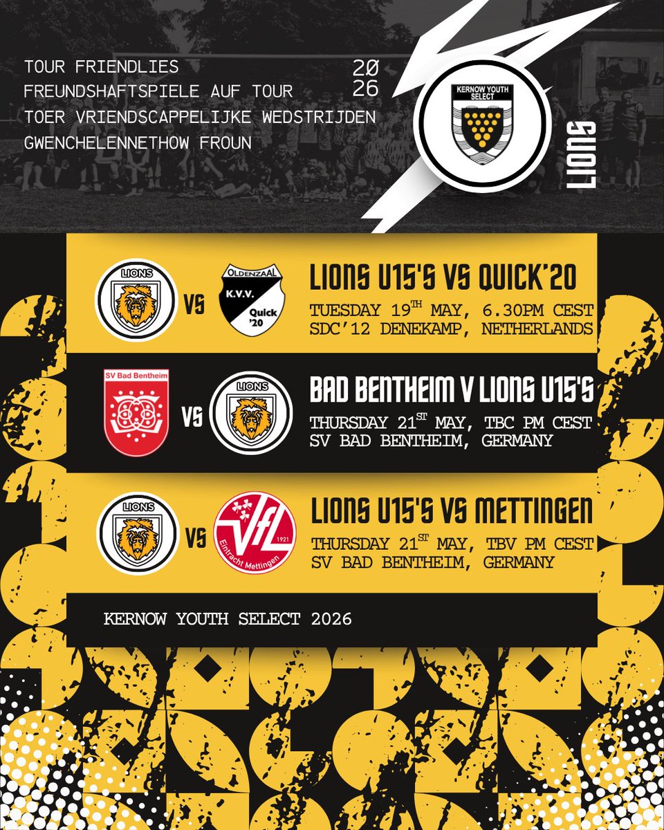 KernowYthSelect's tweet photo. With 3 days until we travel we are delighted to bring your our tour friendlies for the 2026 Lions U15’s… https://t.co/k4BAr6qtzK