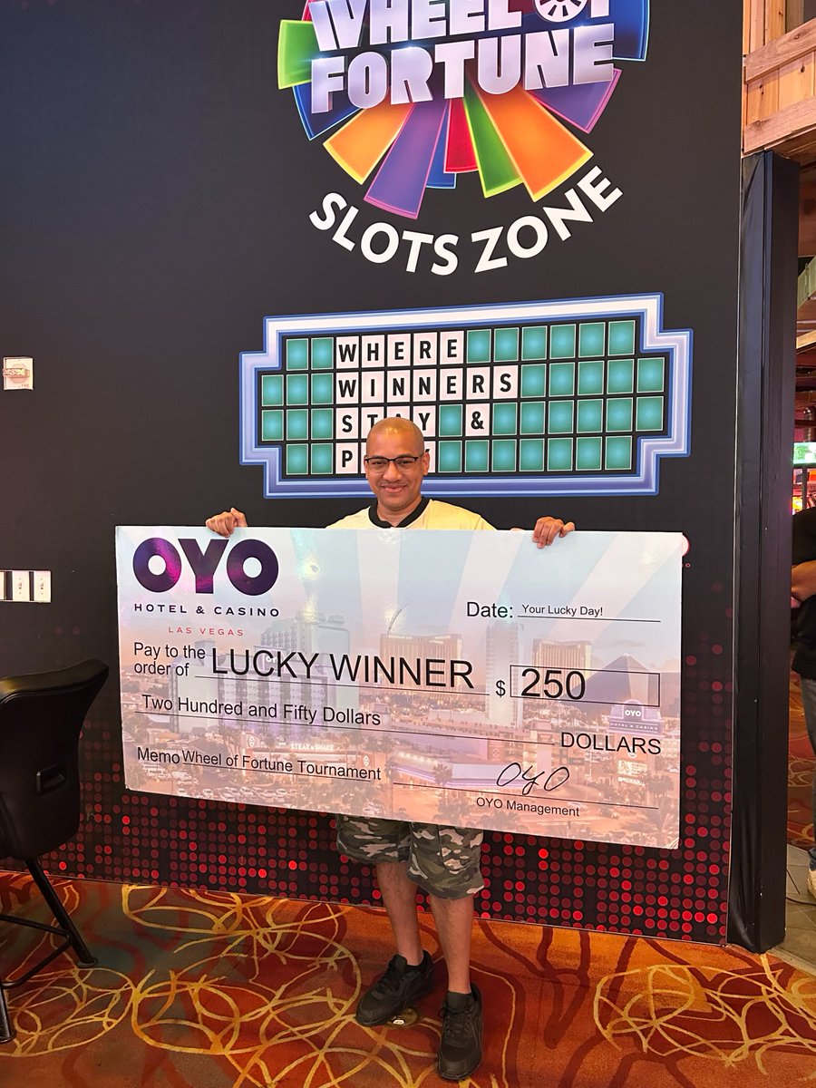 oyolasvegas's tweet photo. Spin now, brag later. 🎰 Wheel of Fortune Slot Tournament is every Tuesday and Thursday 1 to 3p with up to $1,000 in Free Play on the line.

*Must be 21+ and an OYO Rewards Member*

#OYOLasVegas #VegasVibes #SpinToWin #WheelofFortuneSlots #SlotTournament https://t.co/LcWftICYs1
