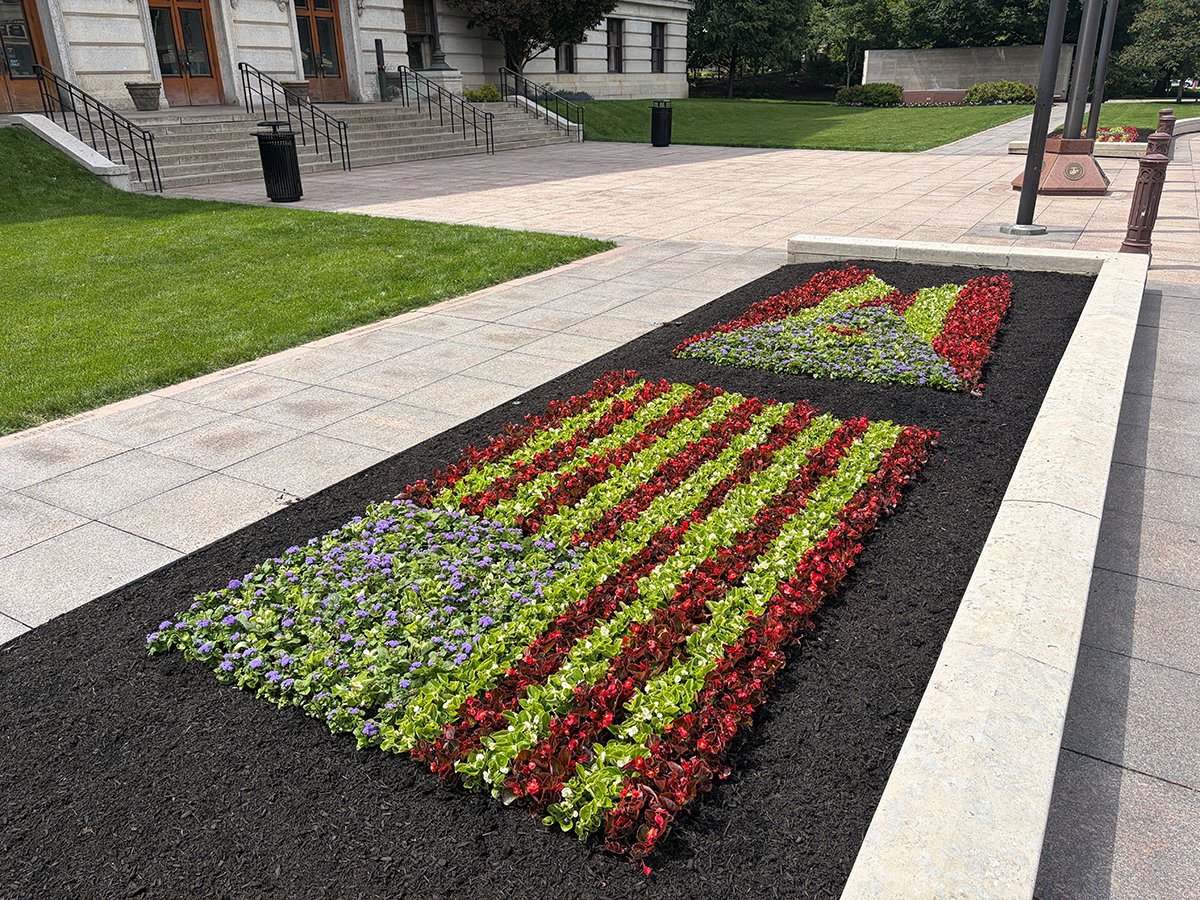 OhioStatehouse's tweet photo. Flowers planted on Veterans Plaza at the Ohio Statehouse, Columbus, Ohio. https://t.co/GGpLx4iwMI