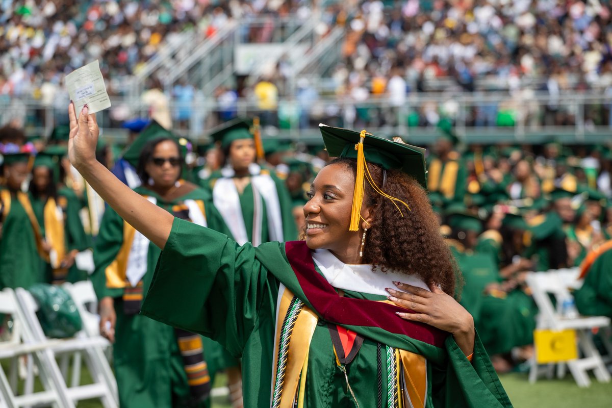 Norfolkstate's tweet photo. All smiles! Still reeling from this past weekend as more than 600 Spartan graduates crossed the stage and stepped boldly into their next chapter. The future is bright, and the Green and Gold showed out in a major way. 🔰🎓 https://t.co/JGevPMJok3