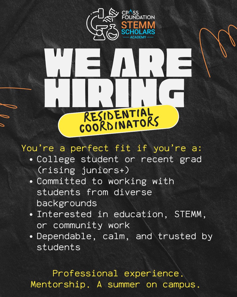 cpassfoundation's tweet photo. CPASS Foundation needs Residential Coordinators for our STEMM Scholars Academy. You get to live on campus at Lewis University or the Illinois Institute of Technology and get paid for it!

Apply here: https://t.co/r5LiYslqaD

-
#CPASS #hiring #college #highschool #summerjob https://t.co/uW6MQwQdTe