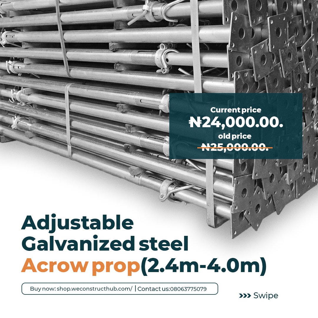 WeConstructHub's tweet photo. Galvanised Steel Acros Props rust-proof, high load capacity, and reusable across multiple projects. 
Built to last and save you money long term. Smart construction starts with smart materials.

Visit our website https://t.co/pwwSOzu4zf Or contact 08063775079 yo shop today! https://t.co/VvZwqEJKBu