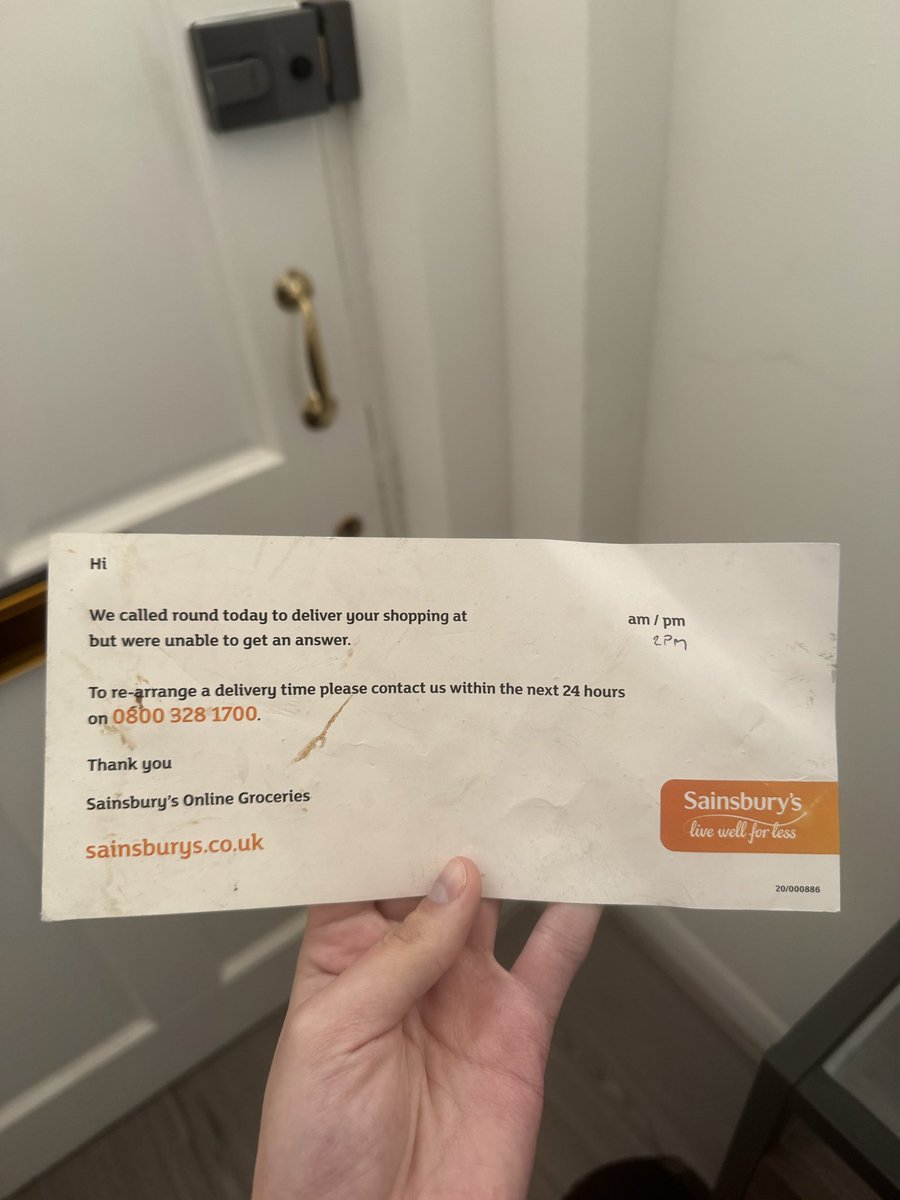 annahx19's tweet photo. @sainsburys can you explain to me plz why the delivery that I specifically ordered for 7:30-8:30pm so i’d be in was attempted delivered at 2pm, and now the store can’t be contacted for an explanation? https://t.co/uTpFrdxyML