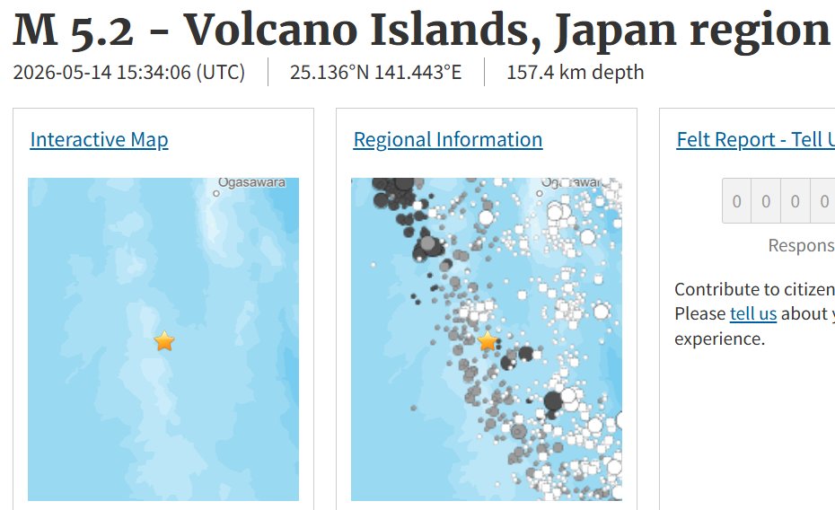Occurred at 00:34, Fri. May 15, 2026(JST) #硫黄島近海 の深さ10