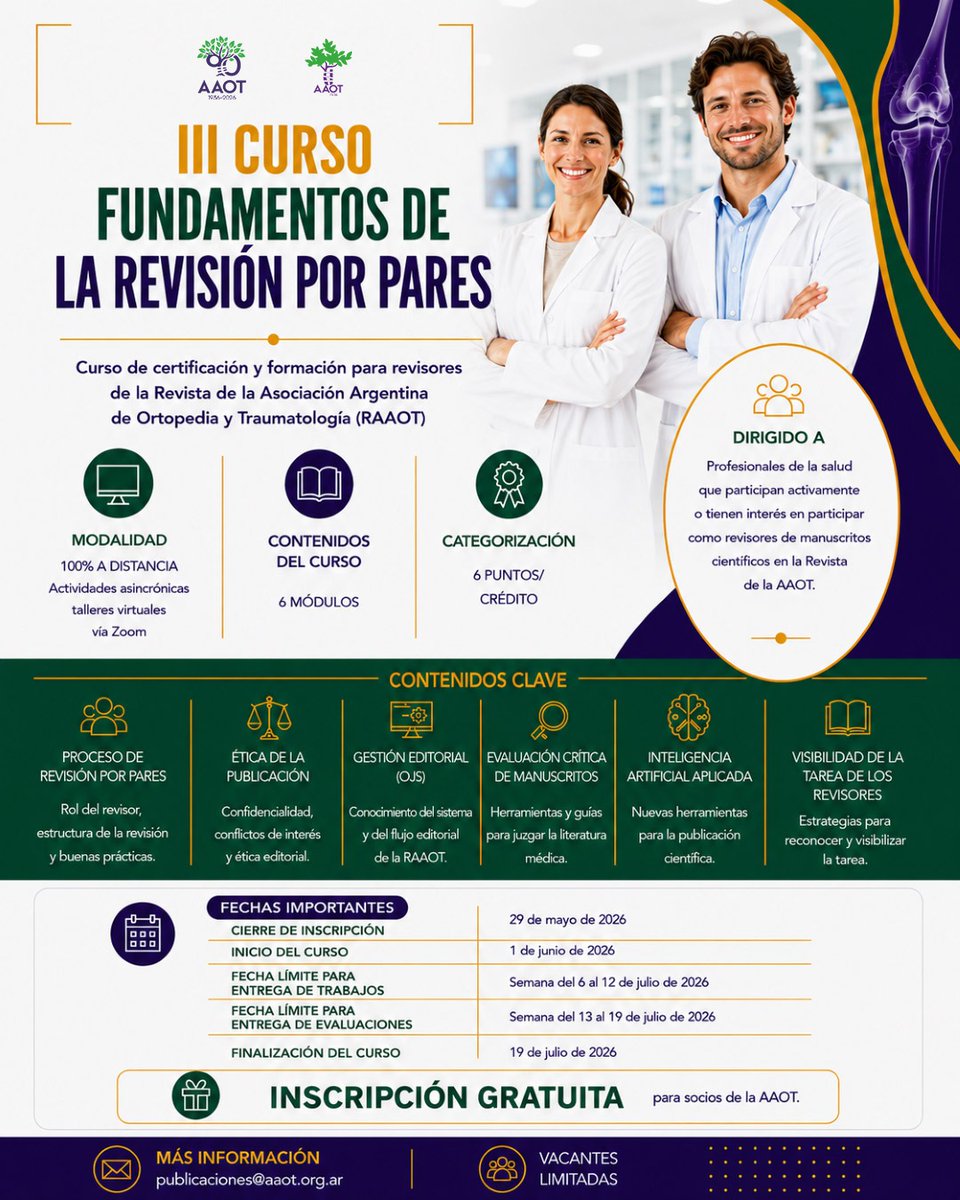 AAOTorg's tweet photo. 📚 III Curso Fundamentos de la Revisión por Pares

-100% a distancia
-Certificación oficial AAOT
-Talleres virtuales
-Formación en revisión científica, ética editorial, OJS e IA aplicada

📅Inicio: 1/6/26

Programa: https://t.co/zZszBokyF9

Preinscripción: https://t.co/YA8h6AkKAg https://t.co/mf0x6uY96o