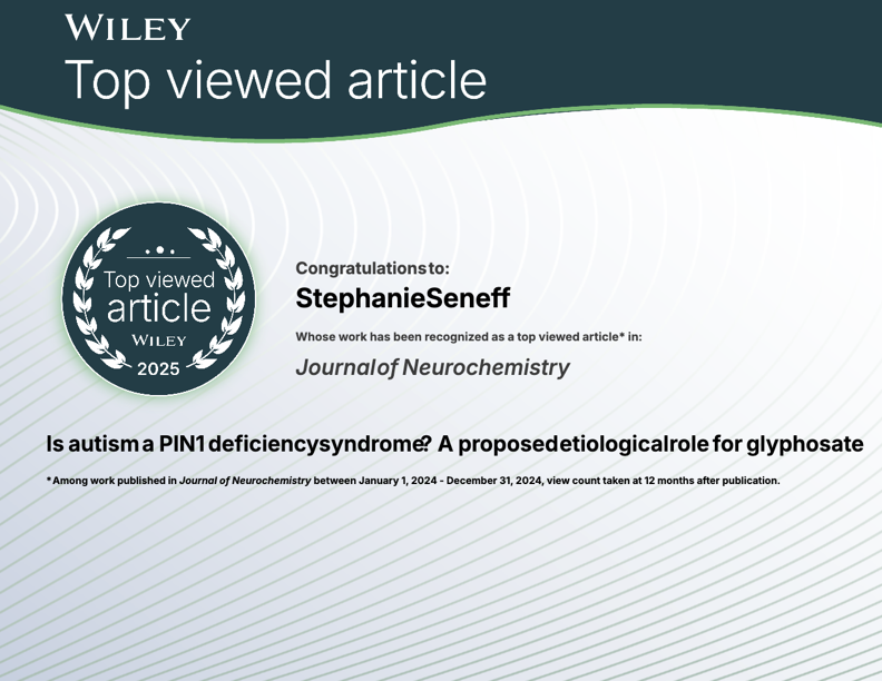 stephanieseneff's tweet photo. I'm pleased that this paper that I published together with colleagues linking glyphosate to autism has been recognized by the journal as one of its top-viewed articles during 2024. https://t.co/KOdkK7ljYb