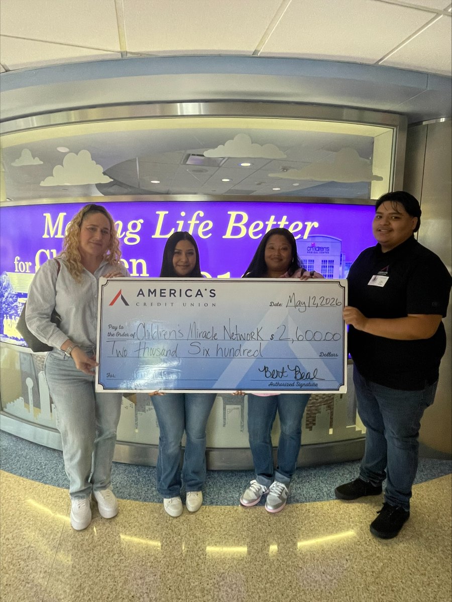 Americas_CU's tweet photo. 💙 Thanks to the incredible support of our members, candy sales across all ACU branches raised $2,600 for Children’s Miracle Network Hospital of Dallas ✨
We’re proud to support children and families in our community.
#CommunityFocused #GivingBack https://t.co/xc5E89PHwC