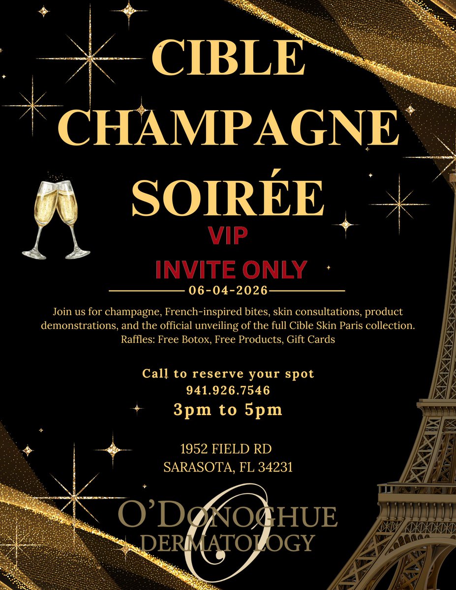 derm2009's tweet photo. Join us June 4th from 3pm to 5pm for our exclusive Cible Longevity Skin Care Soiree at O'Donoghue Dermatology. 1952 Field Rd Sarasota, FL 34231. RSVP: 941-926-7546 or e-mail us at: dermfirm@gmail.com
Space is limited! https://t.co/sl7EMRgTsR https://t.co/cCcJPYcjjT