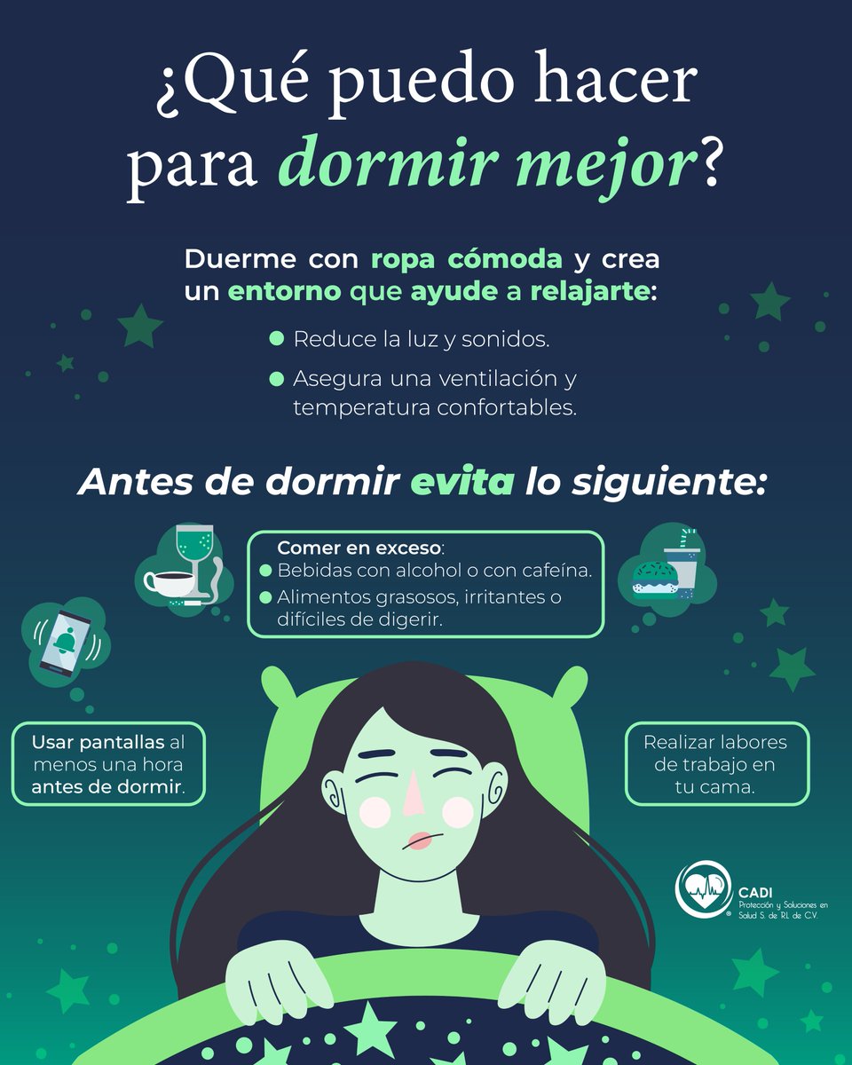 cadi_soluciones's tweet photo. Dormir en un entorno tranquilo y cómodo mejora la calidad de tu sueño 😴
🗒️ Sigue estas recomendaciones para mejorar tu higiene del sueño:
#sueñosaludable #salud #cadisoluciones #bienestar #dormir https://t.co/rFFVzfr6j2
